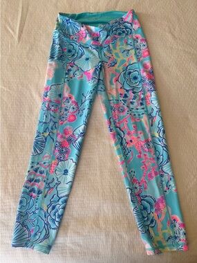 Lilly Pulitzer Aqua Floral Print Girls' Leggings with Pink & Blue Accents
